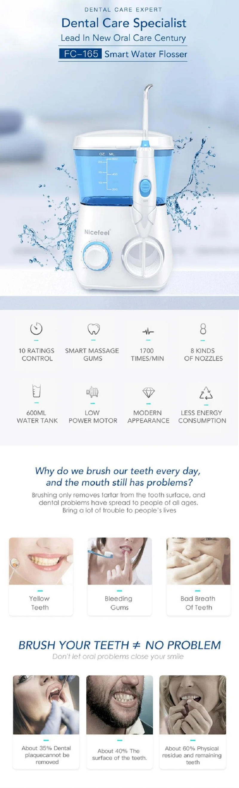 Description Picture 2 of itemNicefeel Oral Irrigator Water Flosser Dental Jet Teeth Cleaner With 600ml Water Tank 7 Tips and 1 Toothbrush For Tooth Care