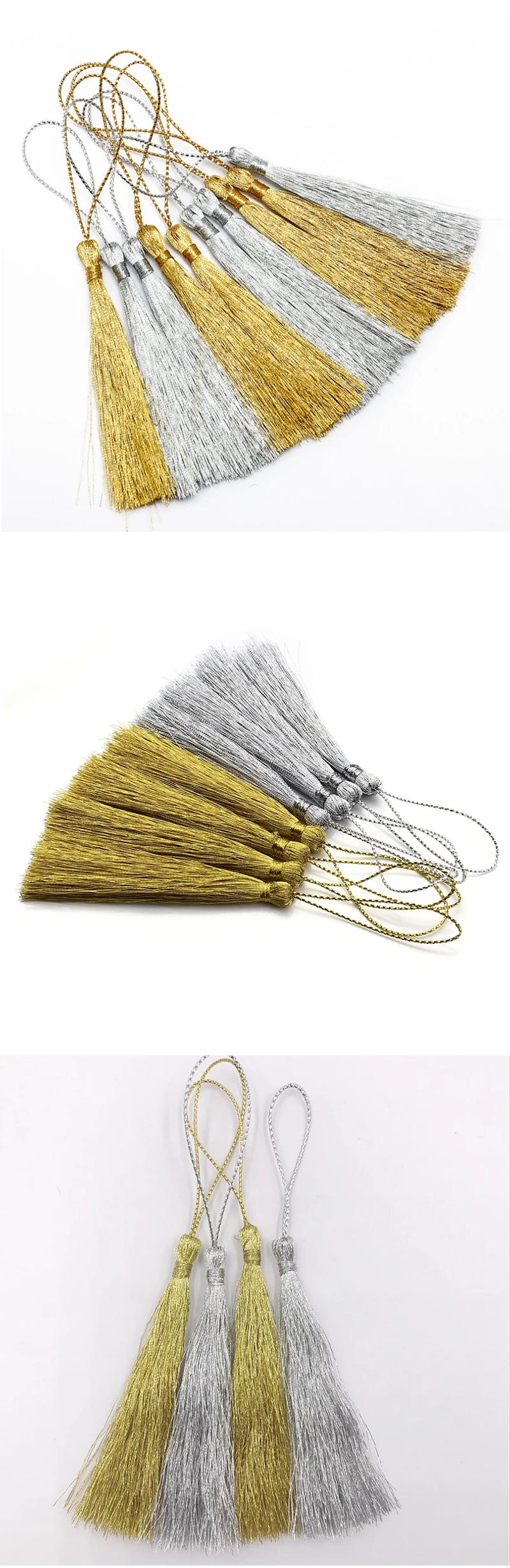 Description Picture 4 of item32PCS Gold silk Silver Tassels fringe Polyester pendant Bookmark Jewelry Accessories for Craft DIY Curtains Clothes Decorative