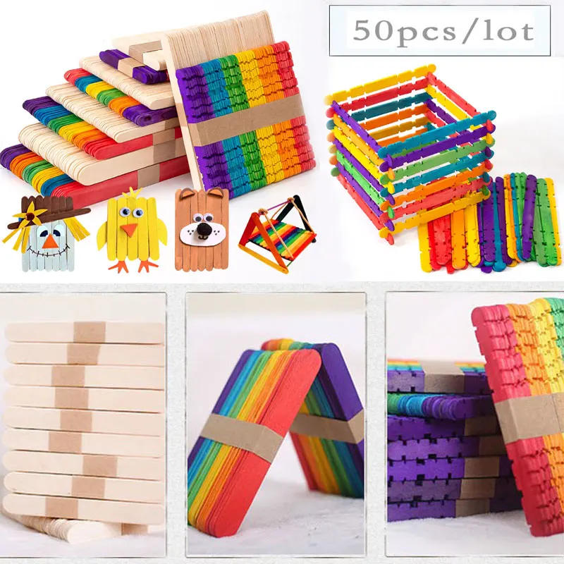 Description Picture 2 of item50Pcs Wooden Popsicle Sticks Natural Wood Ice Cream Sticks Creative Kids Puzzle DIY Hand Crafts Art Ice Cream Lolly Cake Tools