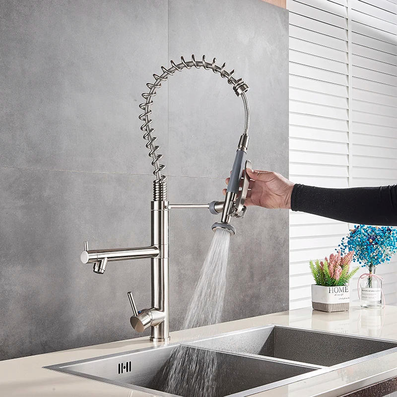 Description Picture 5 of itemBright Chrome Spring Pull Down High Kitchen Faucet Hands Sprayer Head with Lock Hot cold Water Kitchen Mixer Tap Swivel Spout