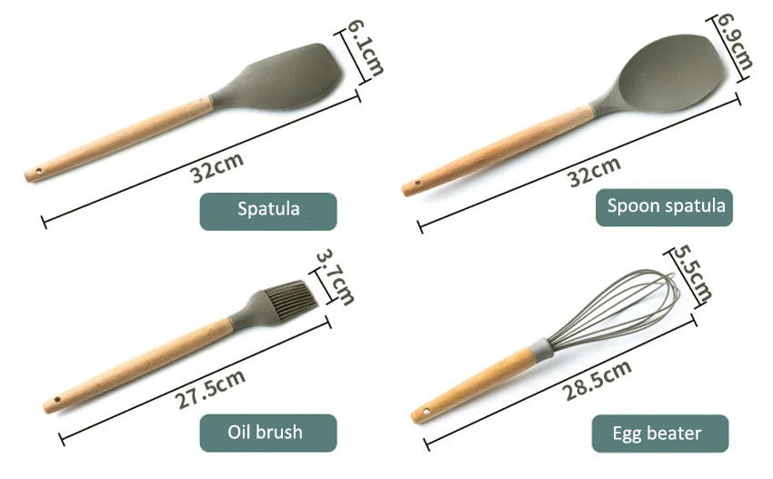 Description Picture 3 of itemSilicone Cooking Utensils Wooden Handle Non-Stick Spatula Spoon Turner Soup Ladle Whisk Kitchen Cooking Tools Gadget