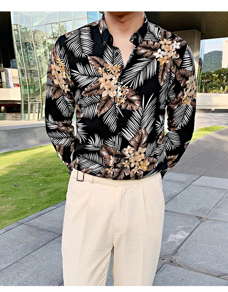 Description Picture 3 of itemNew Slim Brand Fit Casual Men's Social Shirts Dress Long Sleeve Night Club Prom Tuxedo Top Quality British Style Print Shirt Men