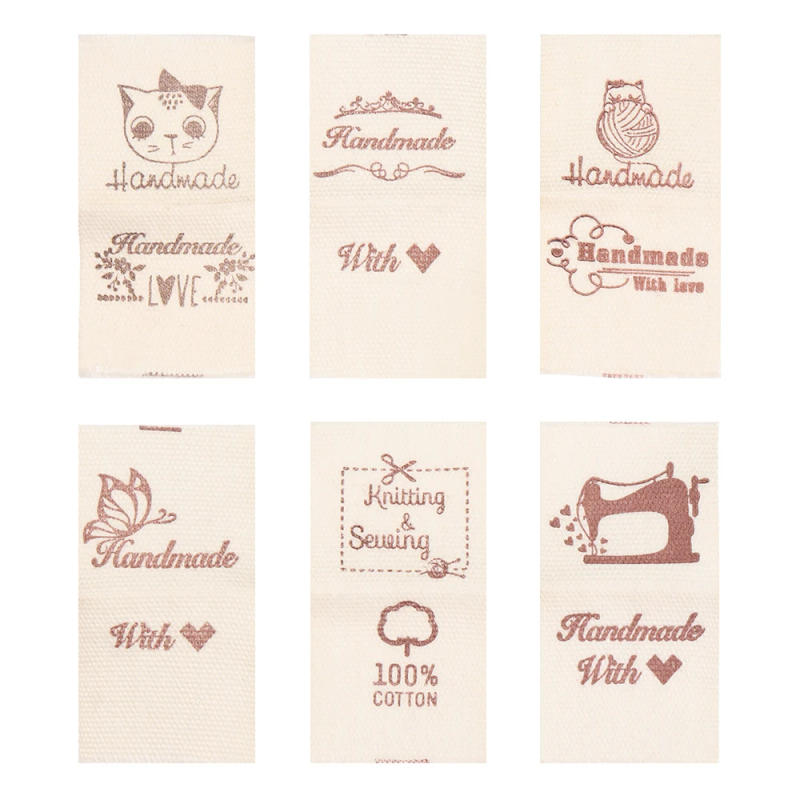 Description Picture 6 of item50Pcs Handmade With Love Cloth Garment Labels Knitting Wool Ball Clothing Tags Cartoon Cat Heart Pattern Woven Knitted Supplies