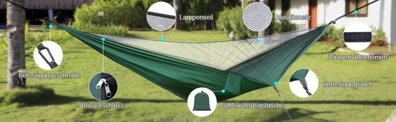 Description Picture 3 of itemcamping hammock 290 x 140cm Ultralight double hammock with mosquito net 300kg load Quick-drying parachute nylon hammock