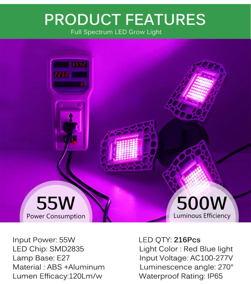 Description Picture 5 of itemRed Blue Light LED Plant Grow Lamp E27 Full Spectrum 110V 220V 500W Hydroponic Greenhouse Growth Tent Light IP65 Deformable Bulb