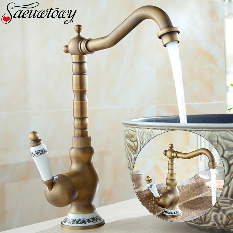Description Picture 2 of itemAntique Brass Ceramic Handle Basin Faucet Antique Rotatble Bathroom Faucet Kitchen Faucet Hot Cold Mixer Crane Kitchen Faucet