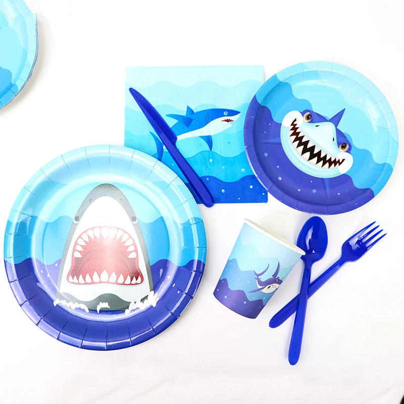 Description Picture 3 of itemCartoon Shark Theme Party Disposable Tableware Set Paper Plates Cups Napkin Baby Shower Children Birthday Party Decor Supplies