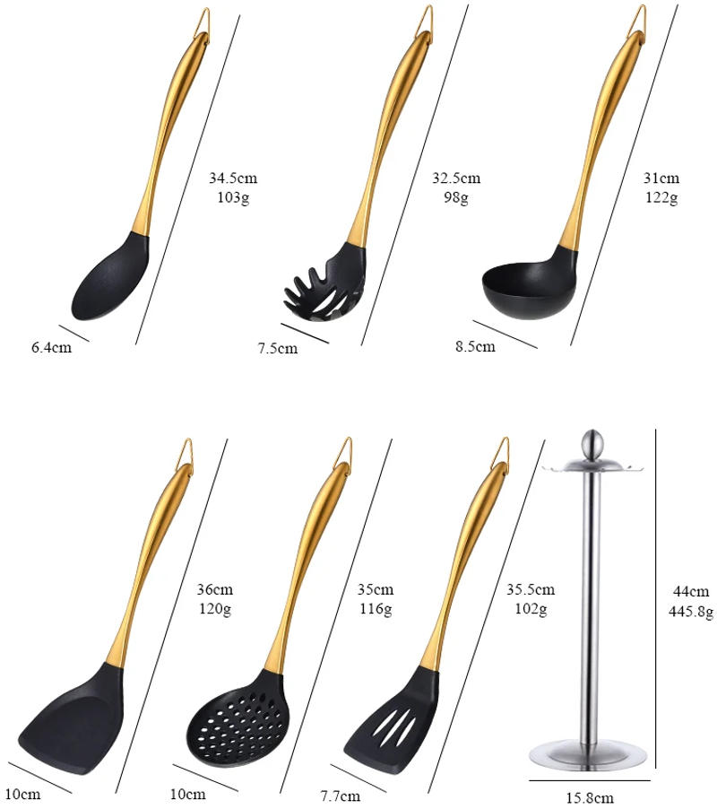 Description Picture 5 of itemGold Cooking Tool Set Silicone Head Kitchenware Stainless Steel Handle Soup Ladle Colander Set Turner Serving Spoon Kitchen Tool