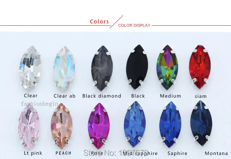 Description Picture 3 of itemAll size 24-colors Navette crystal glass Flatback sew on rhinestone stones montees silver claw button for jewelry DIY Garment