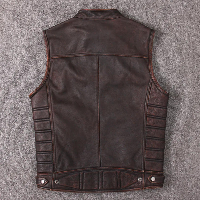 Description Picture 6 of itemGenuine Cow Leather Vest Men's Real Leather Motorcycle Biker High Quality Stand Collar Sleeveless Jackets Zipper Waistcoat