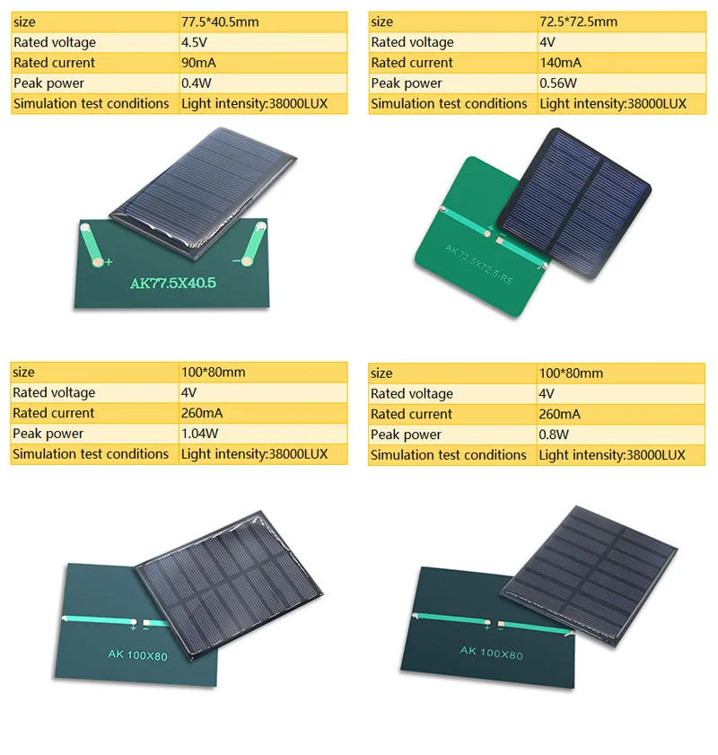 Description Picture 2 of item4V 5.5V 5V 6V 7V 10V 12V Mono/polycrystalline solar panel battery module Epoxy board PET power generation board model