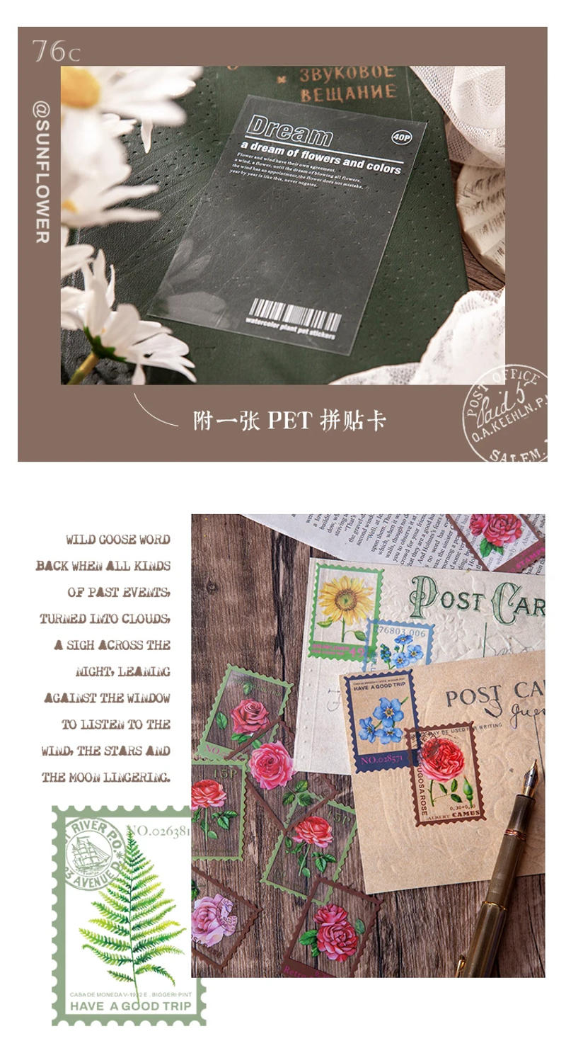 Description Picture 5 of itemJIANQI 40Pcs/Bag Vintage Fern Floral Stamp PET Sticker Package DIY Diary Journal Decoration Label Sticker Album Scrapbooking