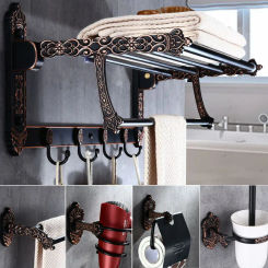 Bath Hardware Set Aluminum Black Carved Foldable Towel Rack Towel Bar Corner Shelf Paper Holder Toilet Brush Holder Nail Punched