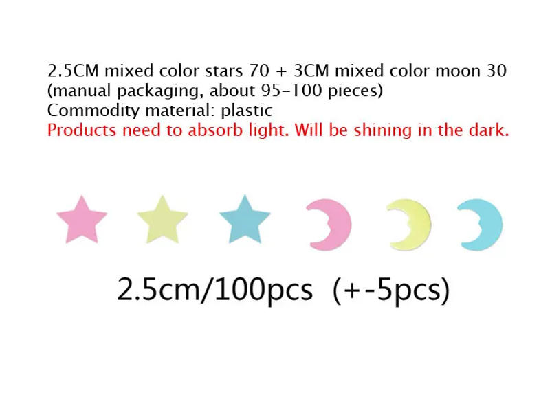 Description Picture 2 of item100Pcs Luminous Mixed Color Star Moon 3D Wall Sticker Kids Baby Rooms Living Room Glow In The Dark Home Decorations Stickers