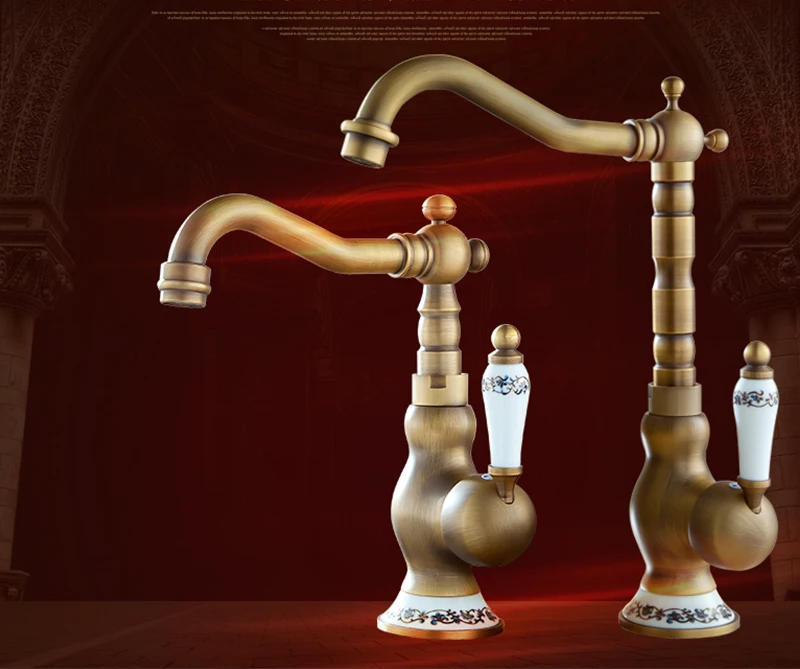 Description Picture 3 of itemAntique Brass Ceramic Handle Basin Faucet Antique Rotatble Bathroom Faucet Kitchen Faucet Hot Cold Mixer Crane Kitchen Faucet