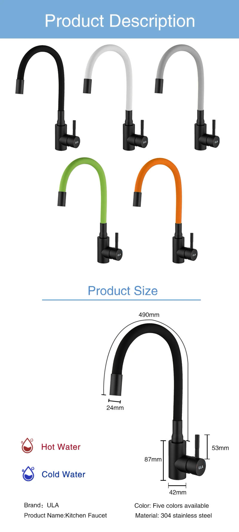 Description Picture 3 of itemULA Flexible Spout Kitchen Faucet Stainless Steel Kitchen Mixer Tap Hot Cold for Kitchen Sink Kitchen Faucet Nozzle Sink Mixer