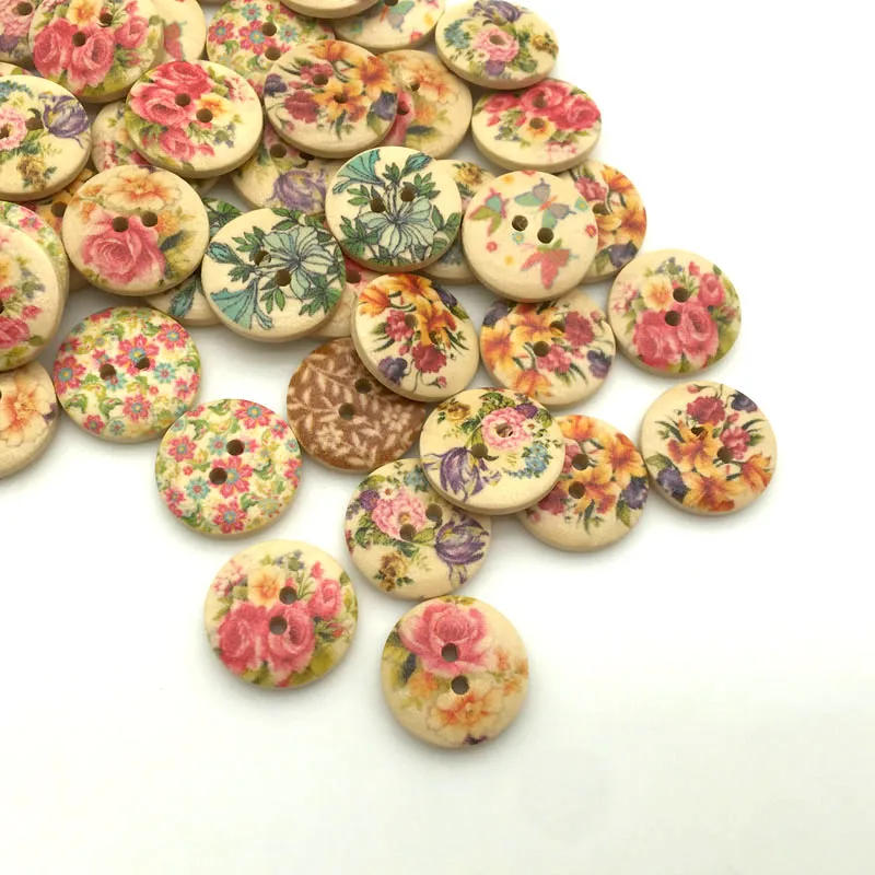 Description Picture 2 of item50PCS/Lot 18mm Mixed Flowers Pattern 2-holes Round Wooden Buttons For Sewing Clothing Scrapbooking Crafts Home Decor SC063