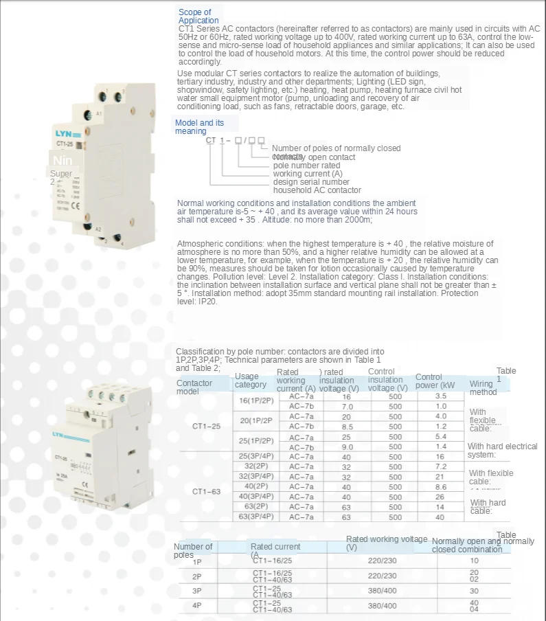 Description Picture 2 of item1PCS CT1-63 4P 32A 40A 63A 220V 400V~ 50/60HZ Din rail Household ac Modular contactor 4NO 2NO 2NC 4NC