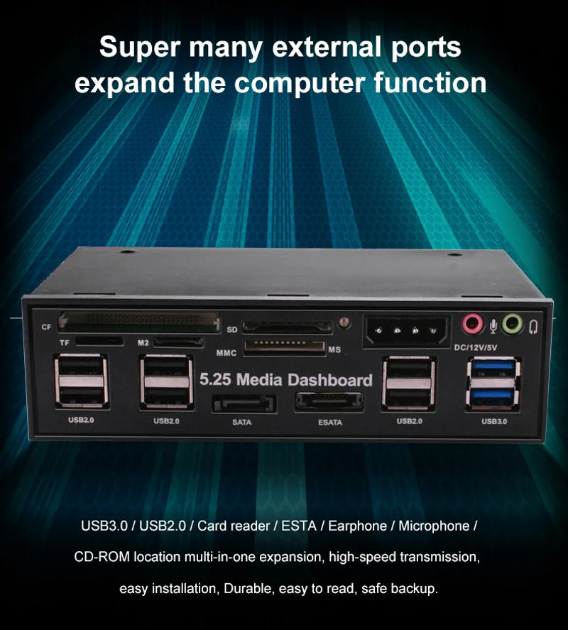 Description Picture 3 of itemDeepFox Multifuntion 5.25" Media Dashboard Card Reader USB 2.0 USB 3.0 20 Pin e-SATA SATA Front Panel for Optical Drives Bay