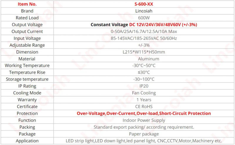 Description Picture 2 of itemAC 100-240V Switching Power Supply DC 12V 24V 36V 48V 60V 600W 10A 12.5A 13.8A 25A 50A Adapter for LED Light Strip 3D printer