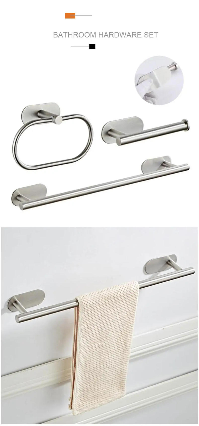 Description Picture 2 of itemBathroom Hardware Set Self-sticking, 304 Stainless Steel Brushed Towel Bar Paper Holder Accessories Set without nails