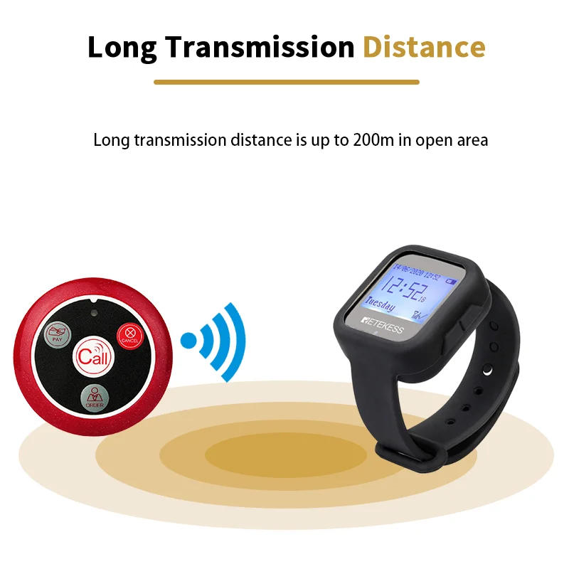 Description Picture 3 of itemRetekess Hookah Restaurant Wireless Waiter Calling System 3 TD106 Waterproof Watch Receiver+20 T117 Pager Call Buttons Cafe Bar