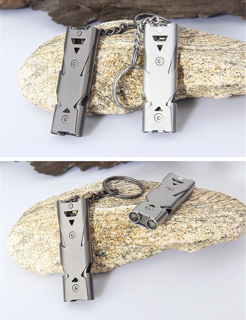 Description Picture 4 of itemOutdoor Survival Whistle High Decibel Double Pipe Whistle Stainless Steel Keychain Cheerleading Emergency Multifunction Tools