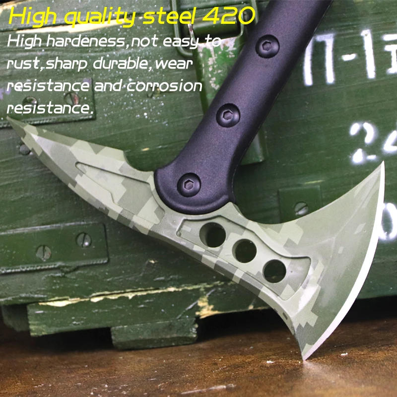 Description Picture 4 of itemOutdoor multi-functional military green camo hand axe self-defense vehicle titanium color tactical axe logging garden axe