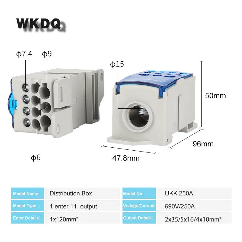 Description Picture 5 of itemUKK Series 80A/125A/160A/250A/400A/500A Junction Power Universal Din Rail Wire Connector Terminal Blocks Distribution Box