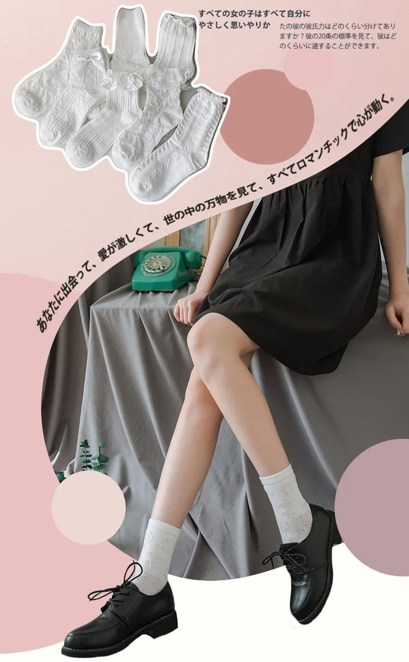 Description Picture 3 of itemLolita White Lace Socks Women Heart Bowknot Cotton Socks Femme Sweet JK Socks Ankle Dress Calcetin Medias