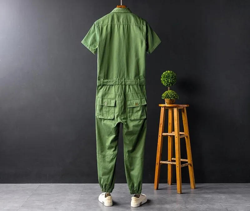 Description Picture 3 of itemSummer Solid Short Sleeve Pockets Mens Jumpsuits Casual Full Length Pants Costumes Loose Unisex Fashion Cargo Overalls