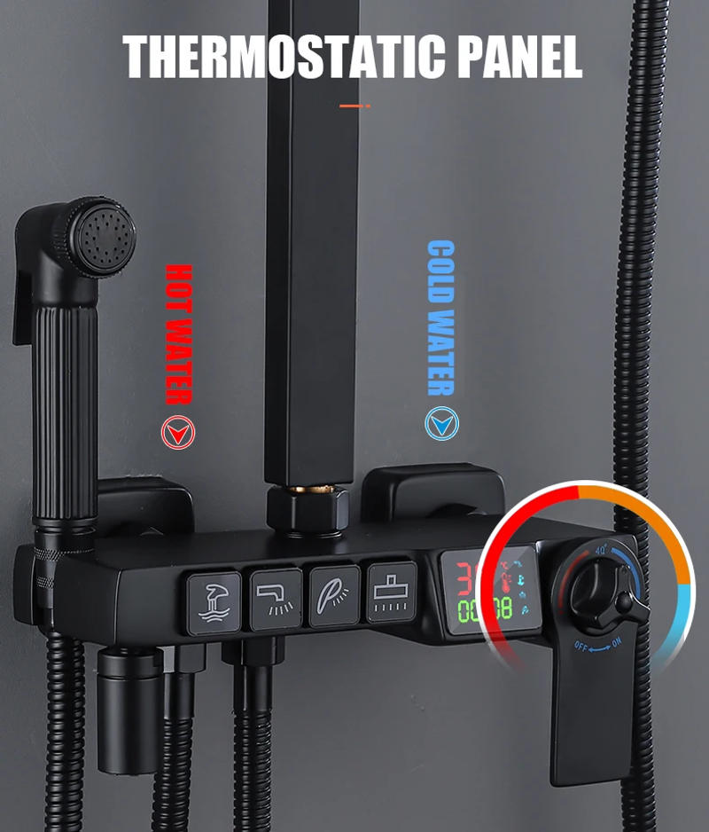 Description Picture 5 of itemBlack Digital Shower System Faucet Set Bathroom Hot Cold Mixer Thermostatic Showers Tap Wall Mount SPA Rainfall Bathroom Faucets