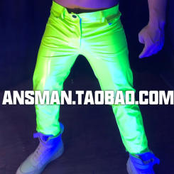 New Men Long Pants Fluorescent Green Stretch Slim Patent Leather Jogging Pants Bar Nightclub Mlae Female Singer Stage Costume