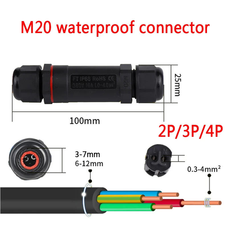 Description Picture 2 of itemIP68 Waterproof Connector I-Type M20 2/3/4 Pin Electrical Terminal Adapter Wire Connector Screw Pin LEDLight Outdoor Connection