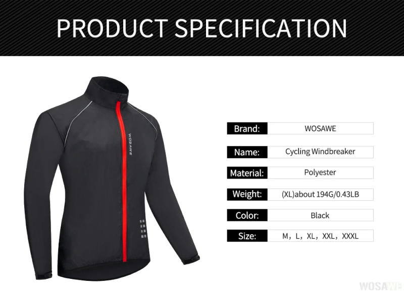 Description Picture 2 of itemWOSAWE Men Windproof Waterproof Reflective Cycling Jacket MTB Bicycle Long Sleeve Windbreaker Sleeveless Vest Bike Coat Jersey