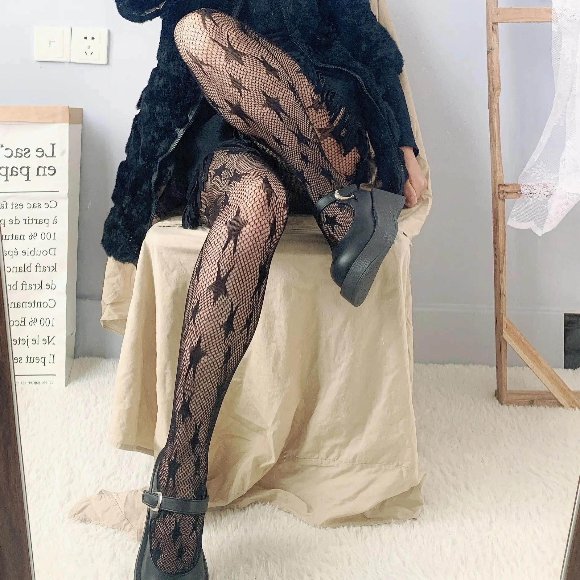 Description Picture 4 of itemLolita Dark Black Pantyhose Star Mesh Stockings Female Fishnet Stockings JK Girls Socks Mesh Tights Lingerie Thigh High JK Socks