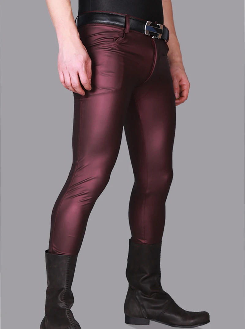 Description Picture 5 of itemWine Red Black Faux Leather Men Pants Skinny Casual Trousers Punk Rock Pencil Pants Stretch Tight Leggings Stage Show Clubwear