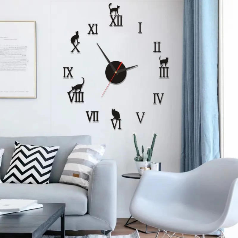 Description Picture 5 of itemDIY Wall Clock Modern Home Decor Large Cat Design Roman Number Mirror Modern Quartz Clocks Living Room Watch Clocks Stickers