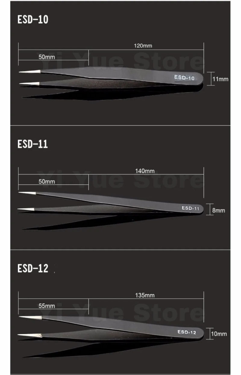 Description Picture 6 of item9 Types Anti-static ESD Stainless Steel Tweezers Maintenance Tools Industrial Precision Curved Straight Tweezers Repair Tools
