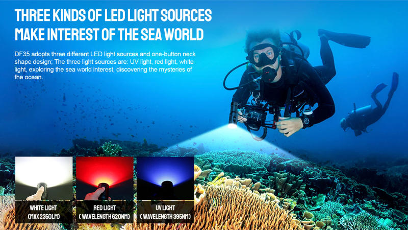 Description Picture 4 of itemTrustfire DF35 Diving Flashlight 2350 Lumens Led Spotlight Flood Uv/Red/White Light Underwater Lamp For Scuba Cave Dive Camera P
