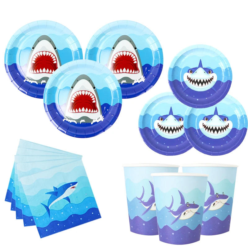 Description Picture 2 of itemCartoon Shark Theme Party Disposable Tableware Set Paper Plates Cups Napkin Baby Shower Children Birthday Party Decor Supplies