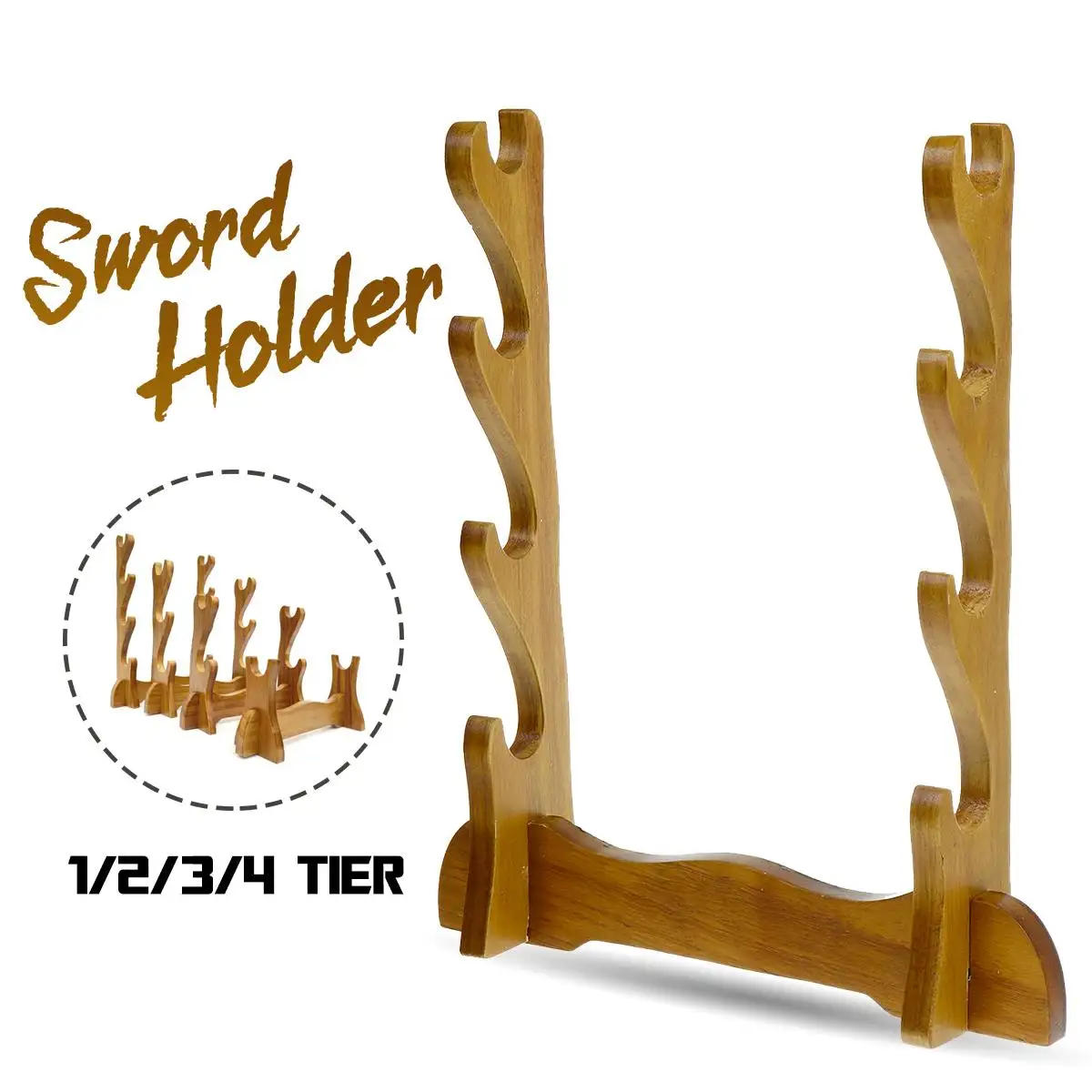 Description Picture 2 of item1/2/3/4 Tiers Universal Japanese Samurai Sword Wall Mount Solid Wood Rack Display Katana Holder Stand Bracket Home Decoration