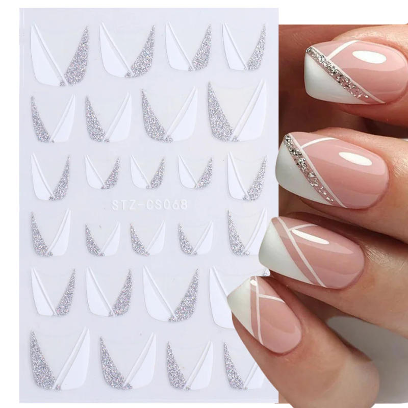 Description Picture 4 of itemFrench Tips Nail Stickers 3D Shiny Glitter Silver White Sliders Decals Nail Art Decorations Adhesive Foils Manicure TRSTZCS068