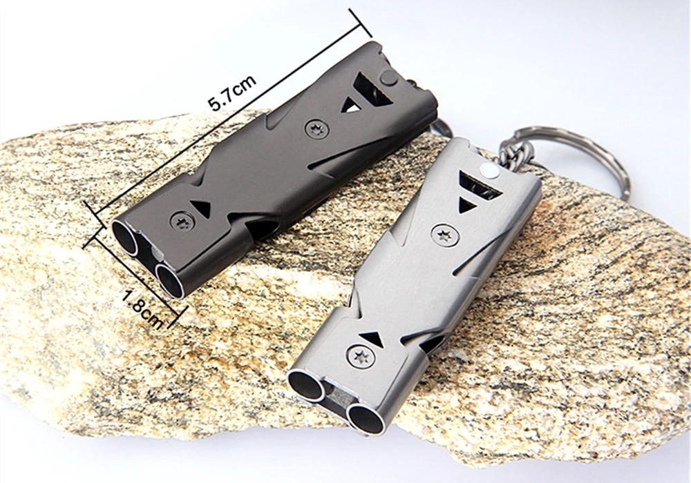 Description Picture 3 of itemOutdoor Survival Whistle High Decibel Double Pipe Whistle Stainless Steel Keychain Cheerleading Emergency Multifunction Tools