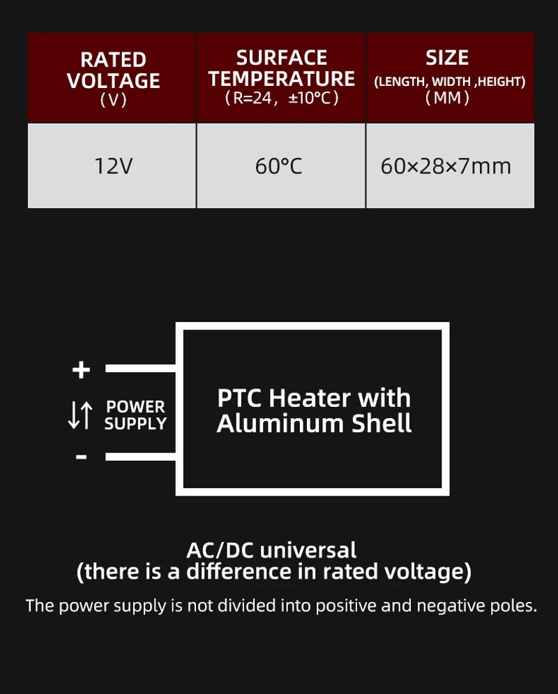 Description Picture 3 of item1 piece 12V 60C Thermostat PTC aluminum heating with Mounting hole  for mini instrument Surface-insulated