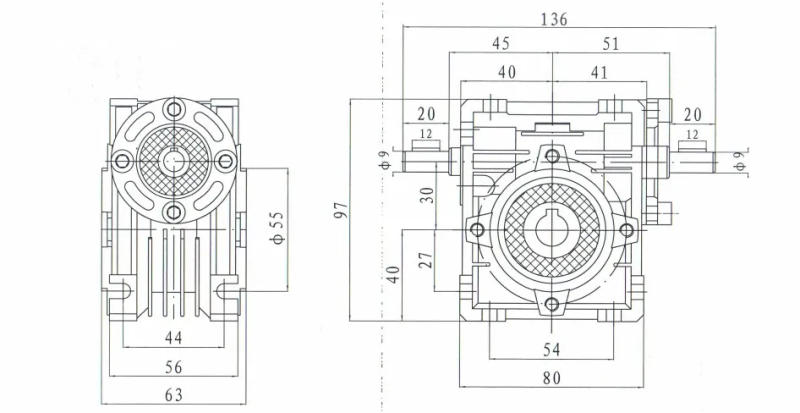Description Picture 5 of item5: 1-80:1 worm gear reducer NRV030-VS double input shaft 9mm 90 degree Worm Gearbox Speed Reducer