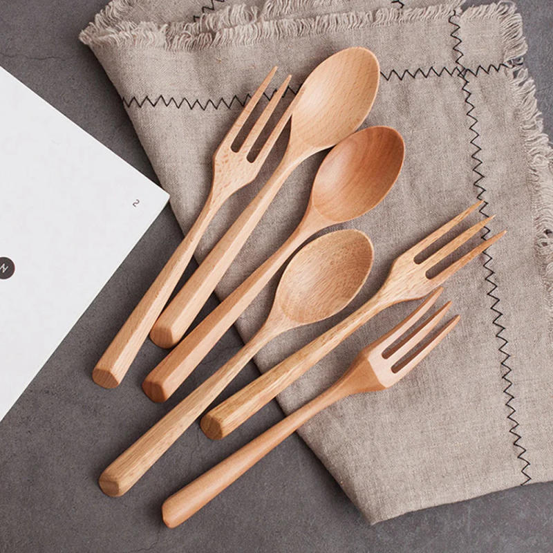 Description Picture 3 of itemCreative Design Thick Handle Wood Spoon Fork Portable Tableware Wooden Cutlery Sets Travel Dinnerware Environmental Kitchen Tool