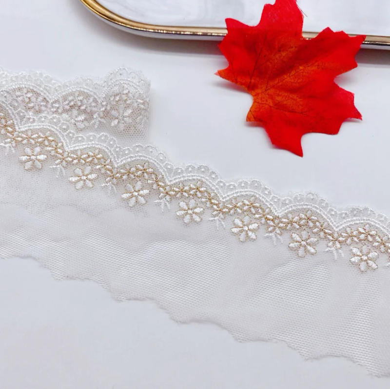 Description Picture 4 of item2 Yards/lot Width 6.4cm White Gold Thread Embroidered Flower Lace Trim Fabric Luxry Soft Lace For Sewing Garment Accessories