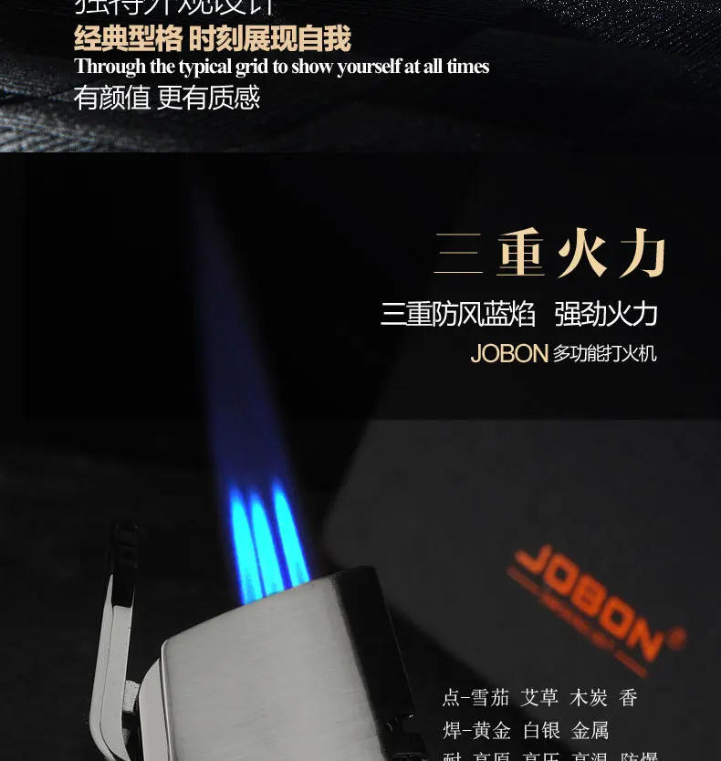 Description Picture 3 of itemJobon Triple Torch Jet Metal Lighter Pipe Lighter with Cigar Cutter Visible Transom Windproof Flame Lighter Gadget for Men