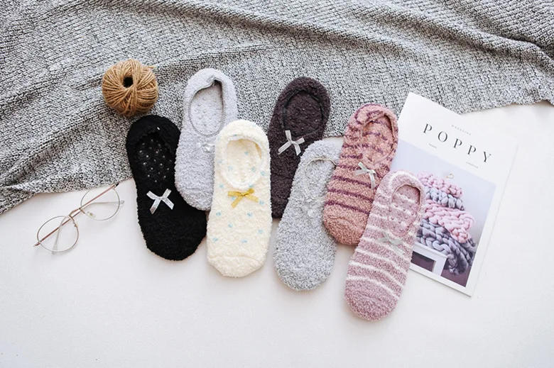 Description Picture 3 of itemFuzzy Cute Coral Fleece Socks Stripe with Bow Home Sleeping Warm Soft Anti-Skid Plush Slipper Socks Fluffy Microfiber Thick Gift